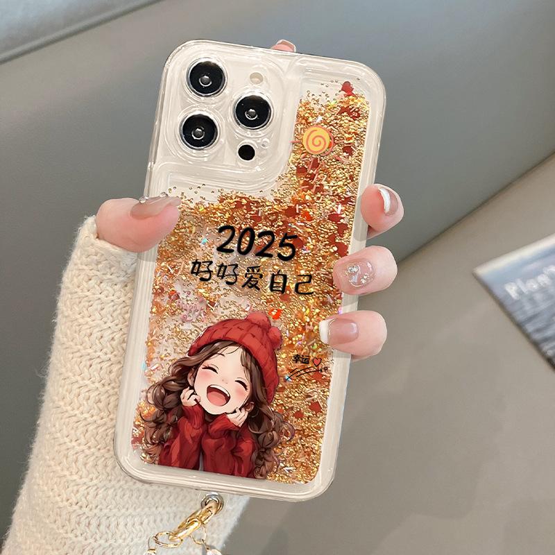 Lucky Girl Bracelet Stand, Suitable for Apple 16, Gold Sand Phone Case 15pro, Transparent Silicone 14 Full Cover 13