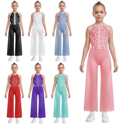 Girls Wide Leg Dance Jumpsuit Sleeveless Keyhole Back Side Splits Shimmery Rhinestones Bodysuit Built In Briefs