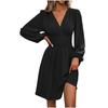 Women's Fashionable Solid Color V Neck Long Sleeved Pleated Versatile Dress