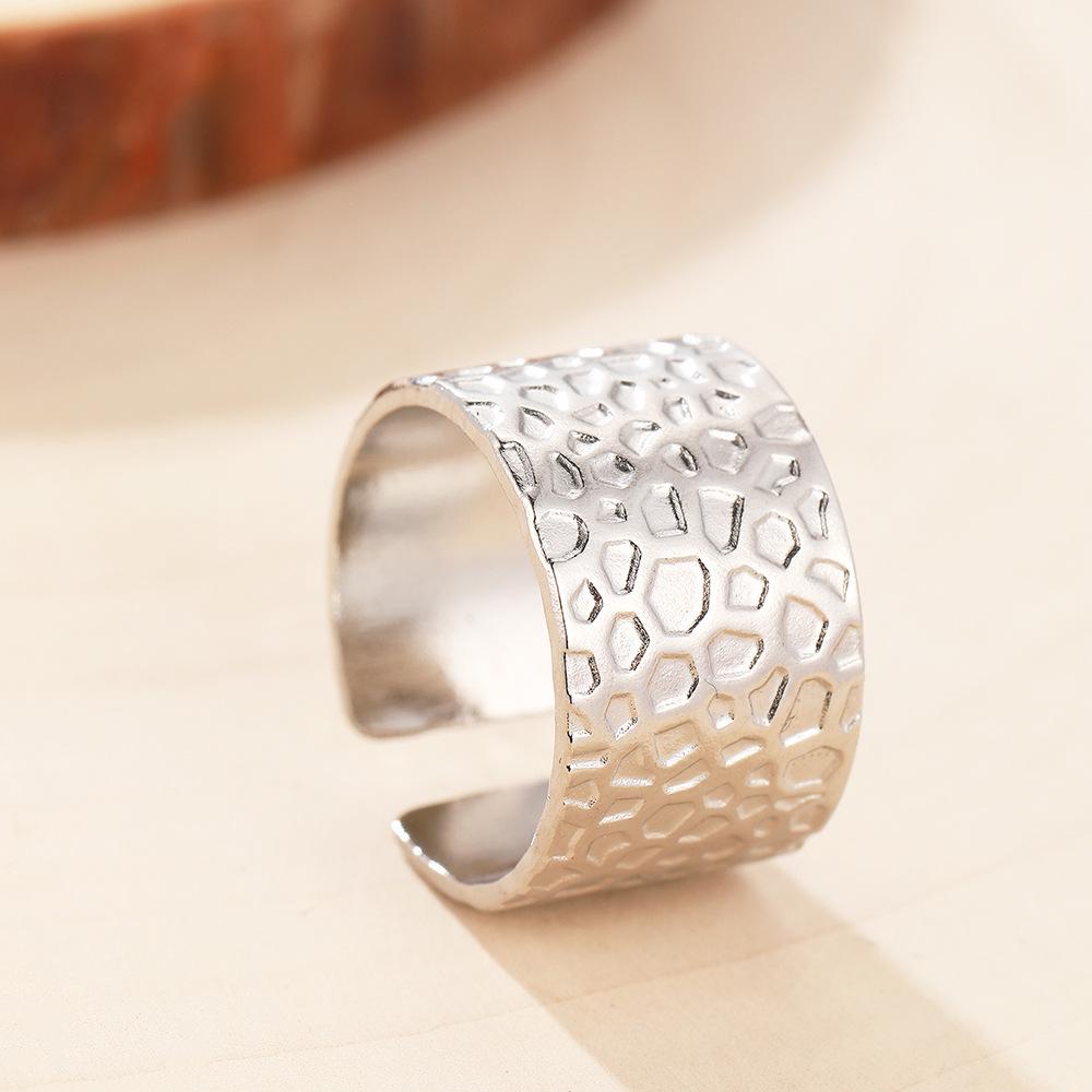 Wide Band Adjustable Stainless Steel Ring, Vintage 18k Gold Geometric Design for Women