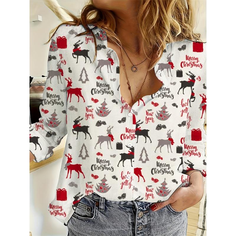 Christmas Women's Wear Casual Relaxed-Fit Button-Down Shirt Christmas Tree And Santa Claus Print Stylish Collared Shirt