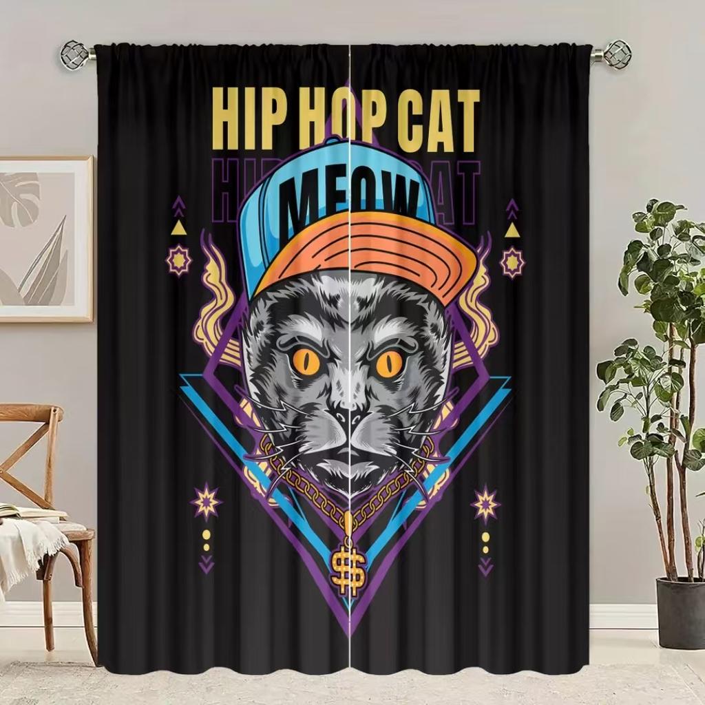 2 Pieces of Hip Hop Cool Trend Cat Printing Curtain - Polyester Material - Suitable for Bedroom Living Room Study Room Priva