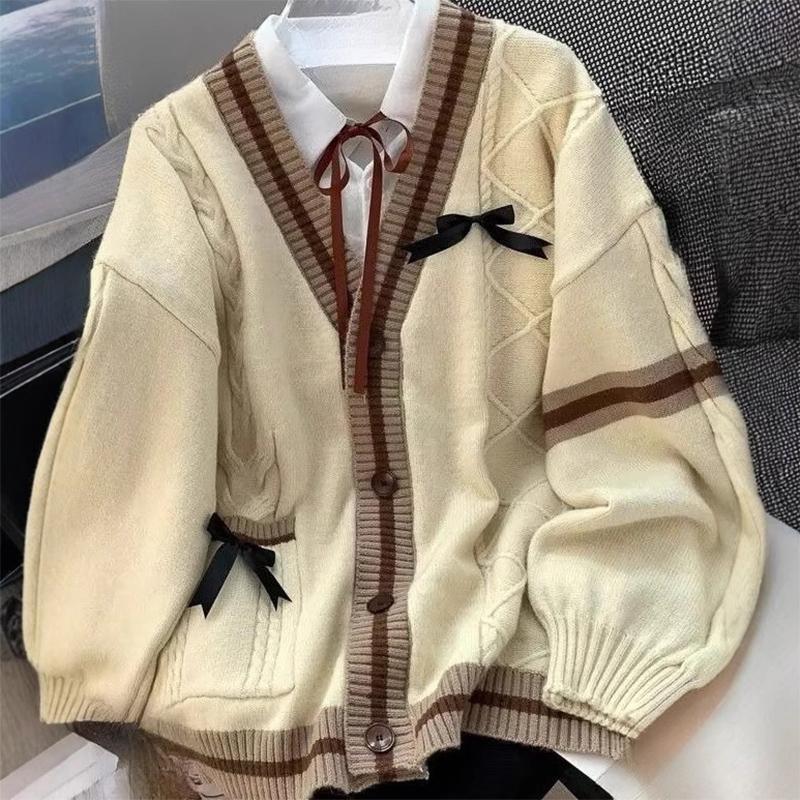 Cardigan Dolce Casual con Fiocco Donna Autunno Inverno Stile Giapponese Classico Preppy Cappotti Lavorati a Maglia Y2K Vintage Colore a Contrasto Top con Scollo a V