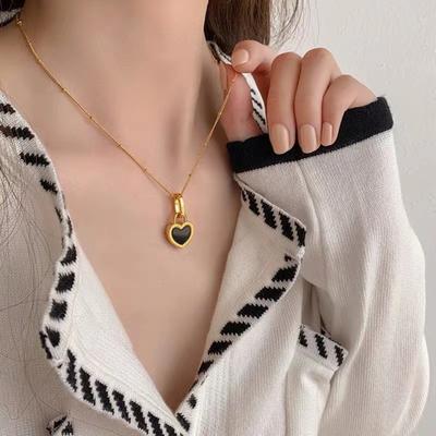 Heart Pendant Necklaces, Stainless Steel Necklace Women, Luxury Style Jewelry Accessories Chain Banquet Double-sided Black White