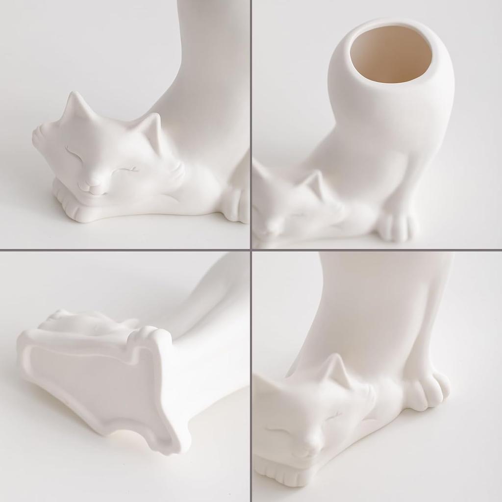 White Ceramic Vase Cute Cat Flower Vase, Modern Vase for Minimalist Decor for Table Decor, Shelf Vases for Decoration, Entryway Decor Vase