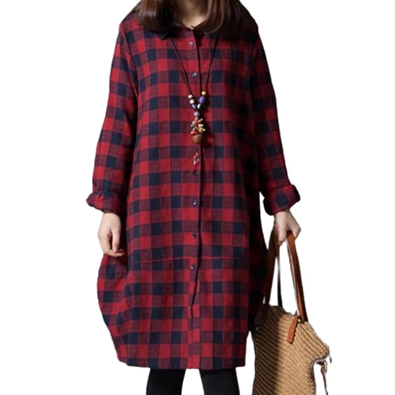 

[unifiss] shirt plaid pattern one piece shirt dress long casual autumn/winter active feminine Adult-like Beautiful Beautiful Room wear room wear