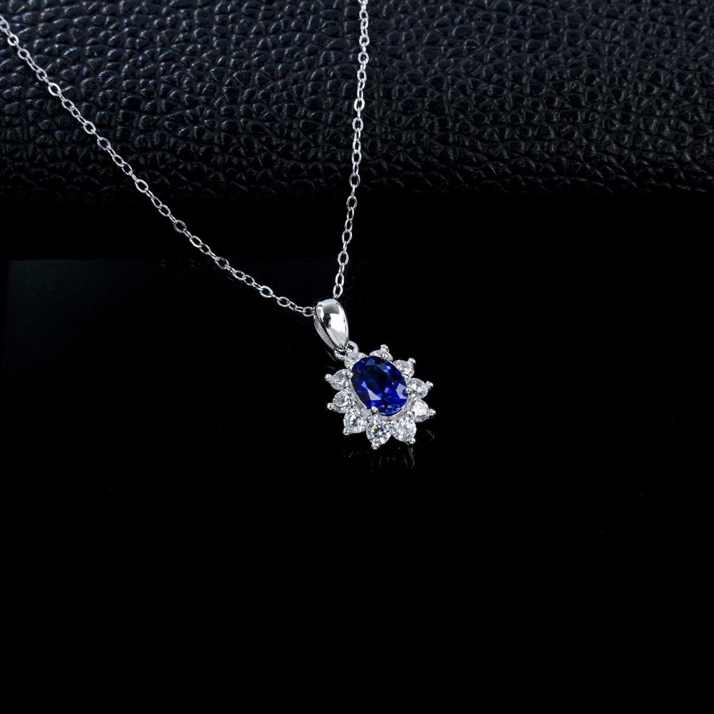S925 Sterling Silver Women's Sunflower Pendant Necklace with Oval Blue Sapphire and Diamond Accents, Classic Diana Style.