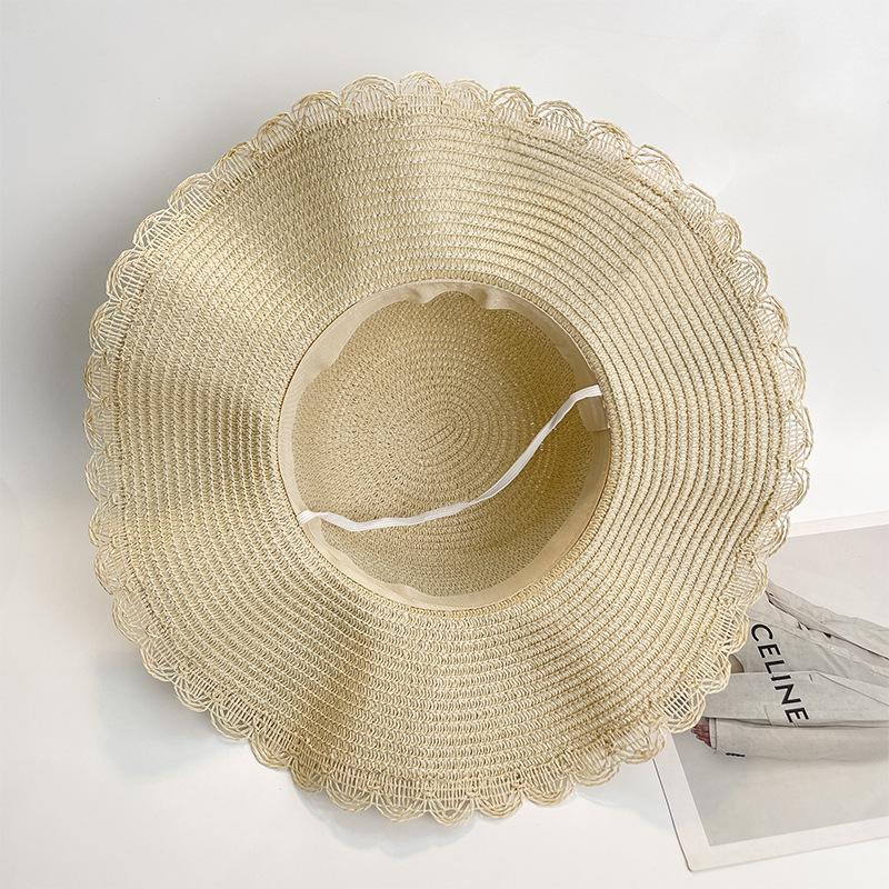 Tulip lace edge straw hat women's summer seaside vacation beach basin hat large brim UV protection sun hat