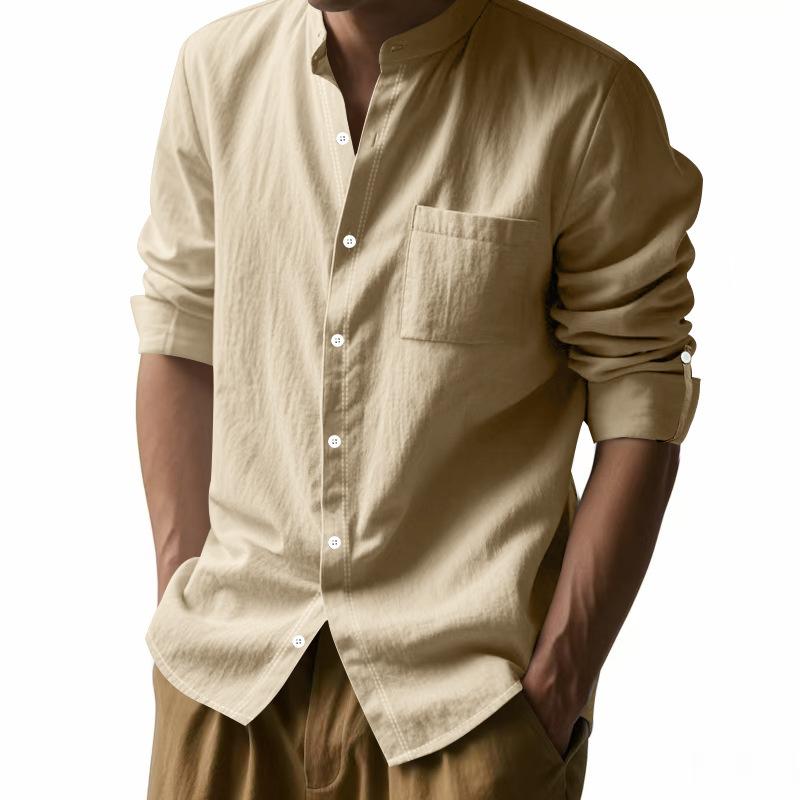 2026 Spring and Autumn Linen Shirt, Long Sleeve, Stand Collar, Breathable, Casual, Versatile Men's Shirt