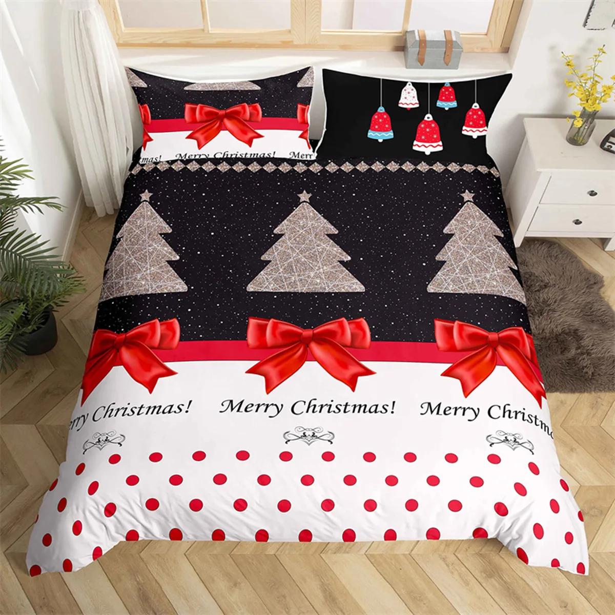 

Comforter Merry Christmas Happy New Year Microfiber Xmas Deer Elk Bedroom Decoration For Boys Girls Golden Bow Holiday Gifts Comforter (quilt)-EU Single(135*200cm)3pcs
