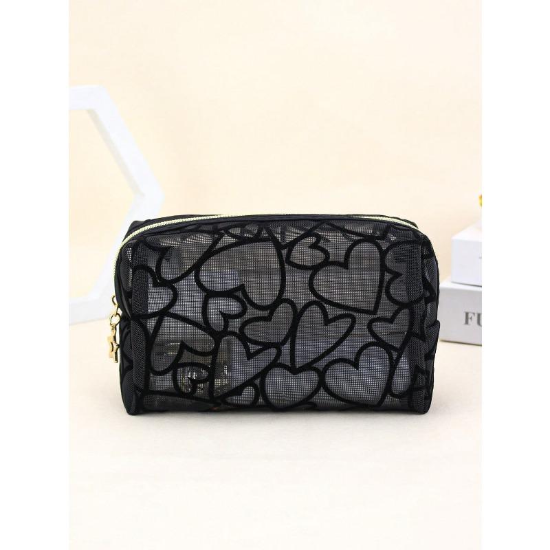 1pc Women Makeup Bag, Mesh Heart Flocked Decor, Fashionable & Minimalist Mesh Heart Design For Daily Use & Travel Makeup Travel Toiletry Organizer