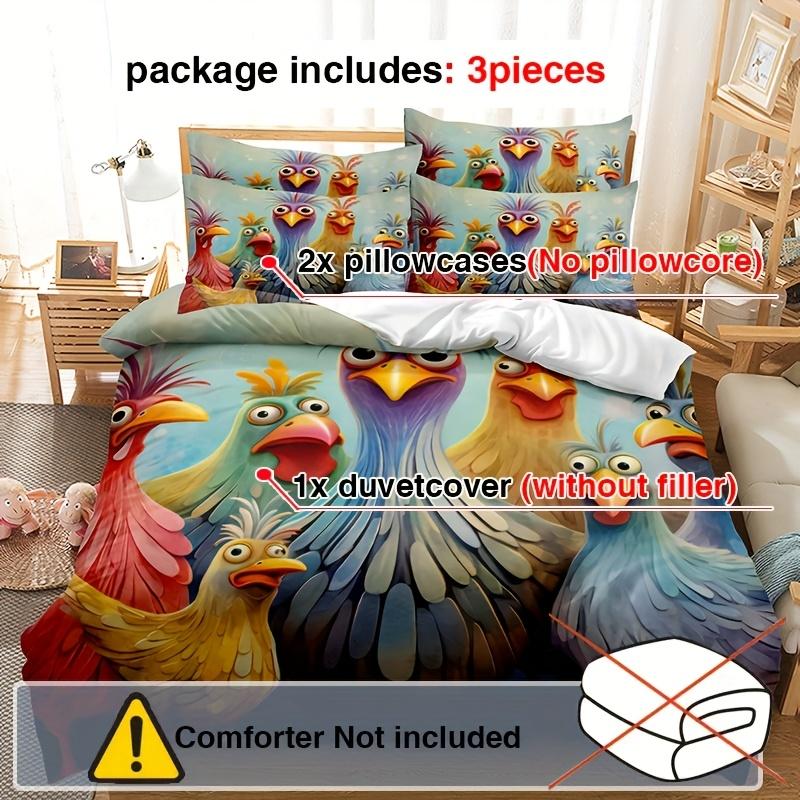 Set Copripiumino con Galline 3 Pezzi 1*Federa Copripiumino, 2*Federe Cuscino, Senza Imbottitura, Set Biancheria da Letto con Stampa 3D Gallina Pompiere, Morbido