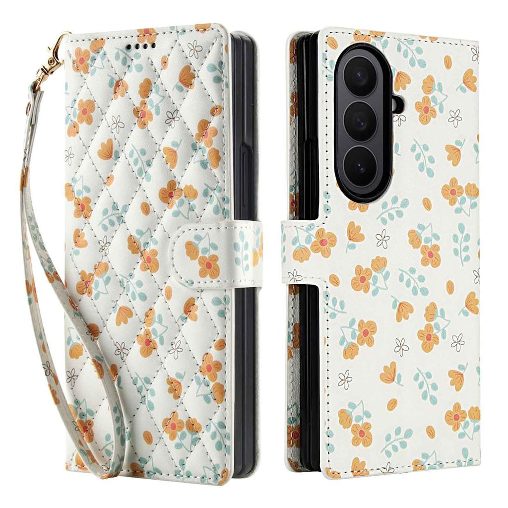 Applicable to Samsung Z Fold7Lanyard phone case with floral and checkered pattern leather cover Fold6/5/4Flip cover case