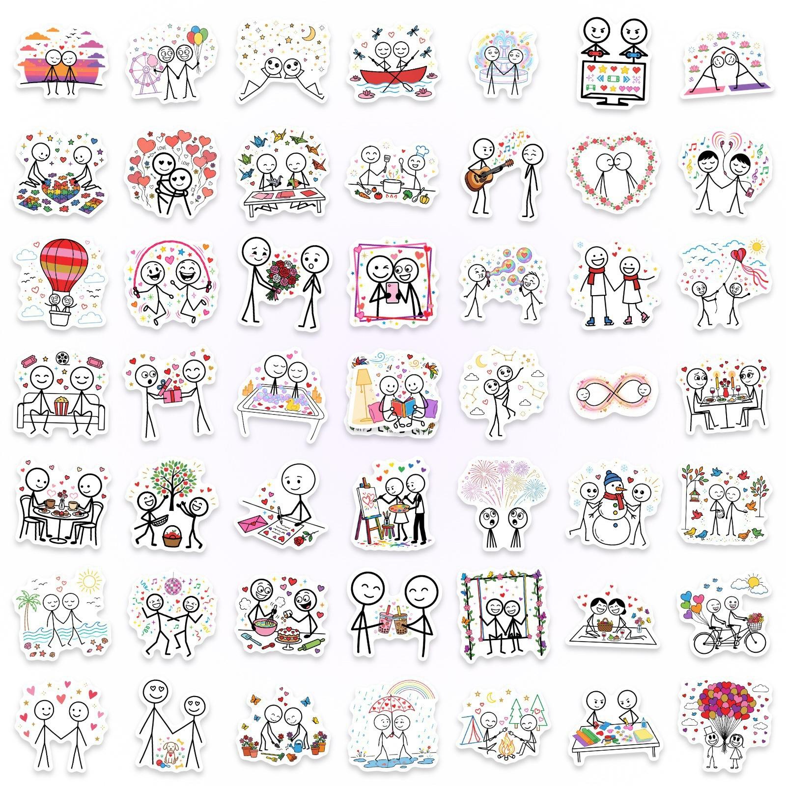 

50 Couple Stick Figure Stickers, Romantic Stick Figure Graffiti Stickers, Mobile Phone Computer Water Cup Waterproof Decorative Stickers