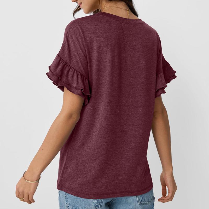 Damen Sommer Rüschen Kurzarm O-Ausschnitt Einfarbig Pullover T-Shirt Top