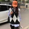 V Neck Vintage Argyle Sweater Vest Women Sleeveless Plaid Knitted Oversized Sweaters Casual Autumn Preppy Style C-223