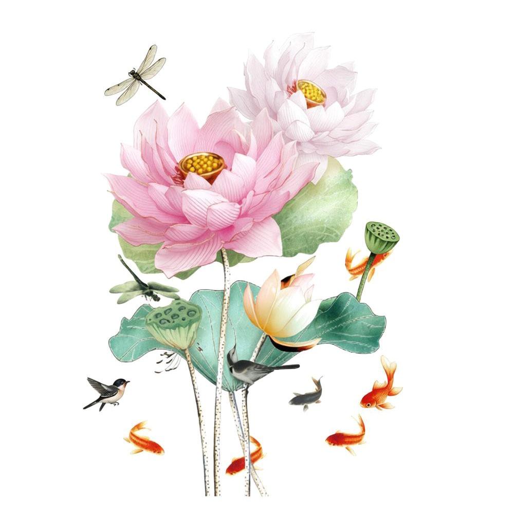 PVC Flower Koi Sticker 3D Effect Self-adhesive Glass Door Sticker Anti-static Chinese Style Lotus Wall Sticker Bedroom Decor