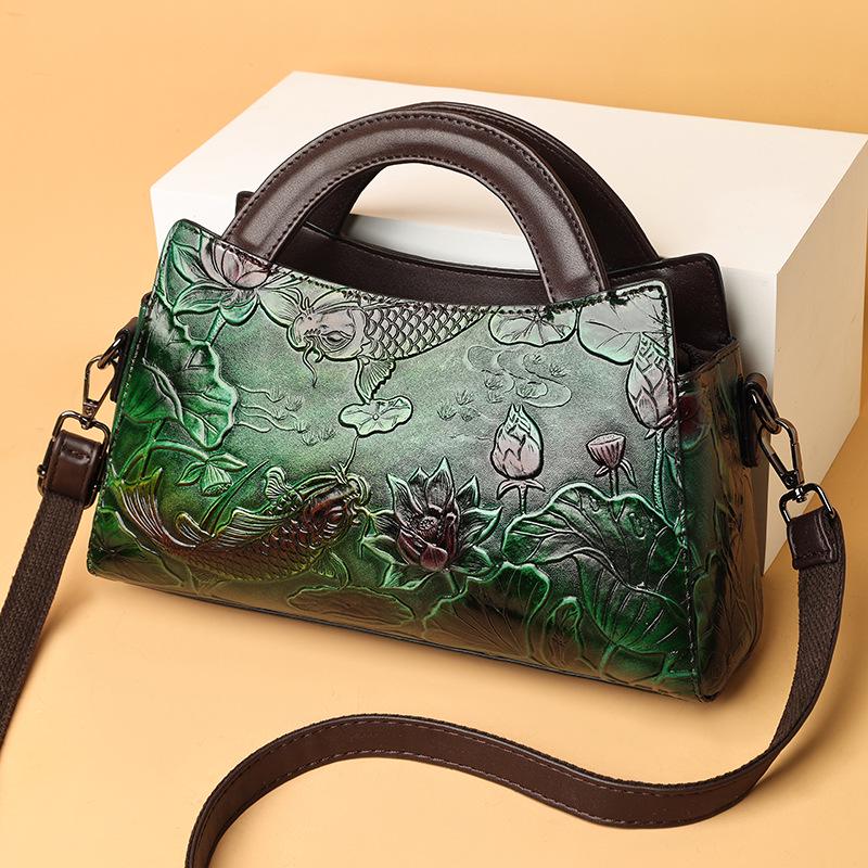 2025 Retro Glücksfischmuster Chinesische Handtasche - Großes Fassungsvermögen, Texturiert, Lässige Damentasche