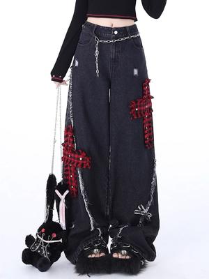 Dámské Černé Gotické Baggy Y2k Jeans Vintage Cowboy Fashion Streetwear Kalhoty Harajuku Denim Kalhoty High Street Estetické nové oblečení