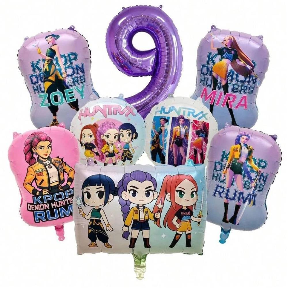 Hot Kpop Demon Hunters Number 1-9 Foil Balloon Set, Full Cast Themed Balloons Birthday Party Decorations Photo Prop New