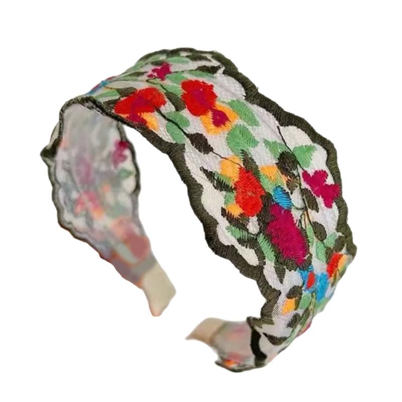 Hand-Made Cotton Linen Hairband Intricate Embroidery Blossom Design Adjustable Wide Band Unisex Hair Accessory