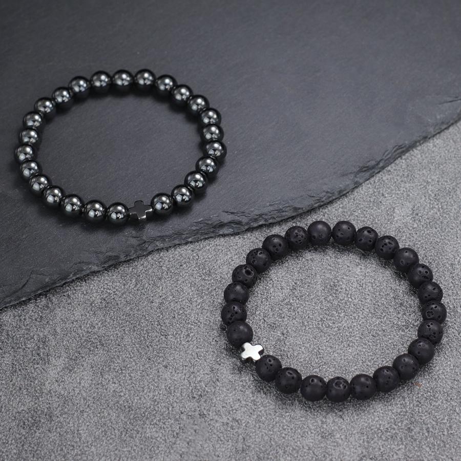 Minimalist Cross Bracelet Men 8mm Natural Tiger Eyes Lava Hematite Stone Healing Braslet Bangle Leisure Versatile Accessories