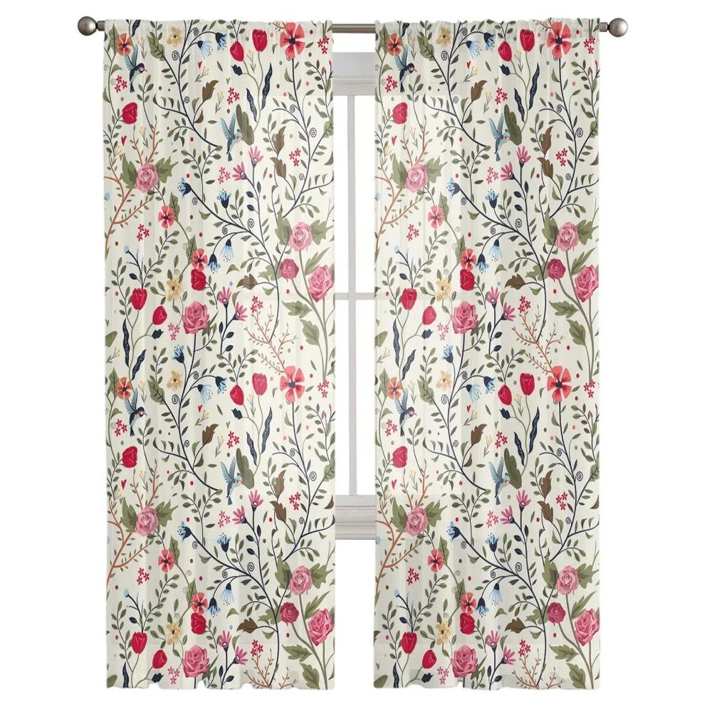 Colorful Flowers Leaves Branches Plants Window Drapes Living Room Sheer Curtain Bedroom Kitchen Home Decor