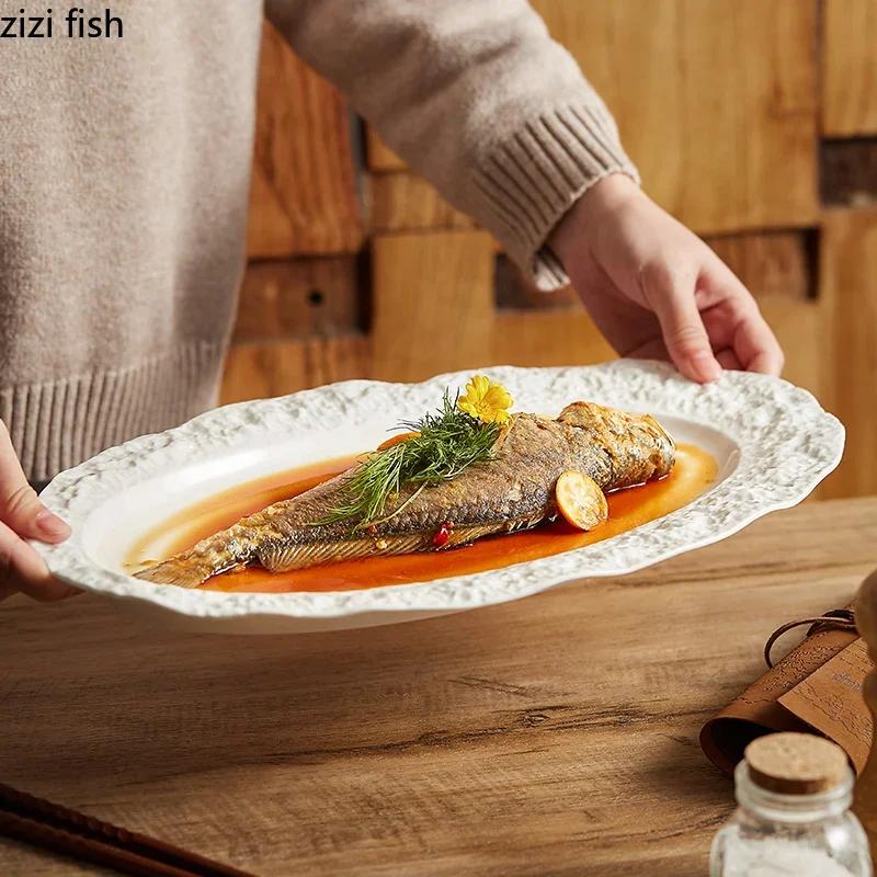 Oval Rock Texture Plate Ceramic Tableware Restaurant Steamed Fish Plate Dessert Dish Cake Plate Sushi Plates Barbecue Plates