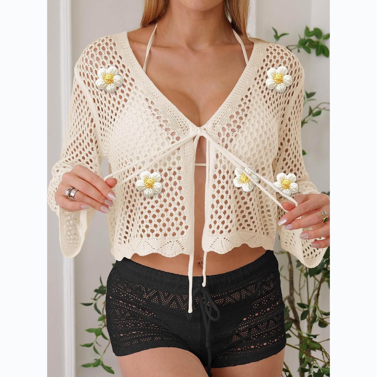 

Женское свободное повседневное пляжное бикини с короткими рукавами и кисточками в стиле пэчворк для отдыха One Size бежевый