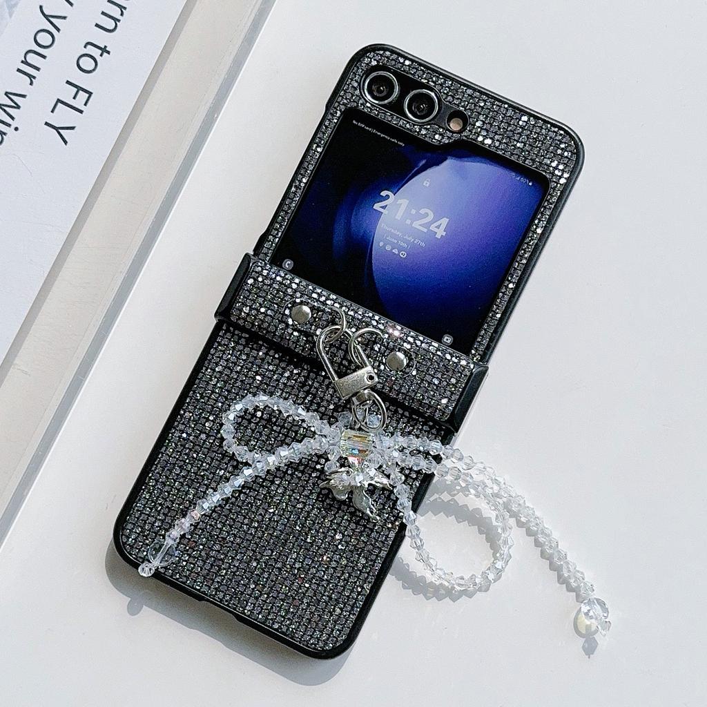 For Samsung Galaxy Z Flip5 5G Case Sequins Decor PC Phone Cover with Beaded Bowknot Pendant