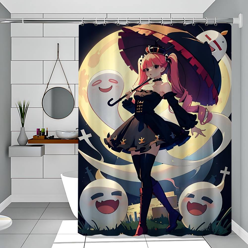 Perona Cartoon Animation Shower Curtain Outdoor Scenery Summer Vacation Bathroom Decor Holiday Polyester Bath Curtain With Hook
