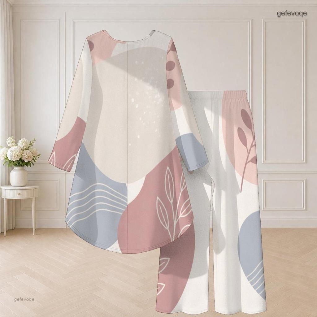 Women Plus Size Round Neck Long Sleeve Printed High Low Top Wide Leg Pants Two Piece Set