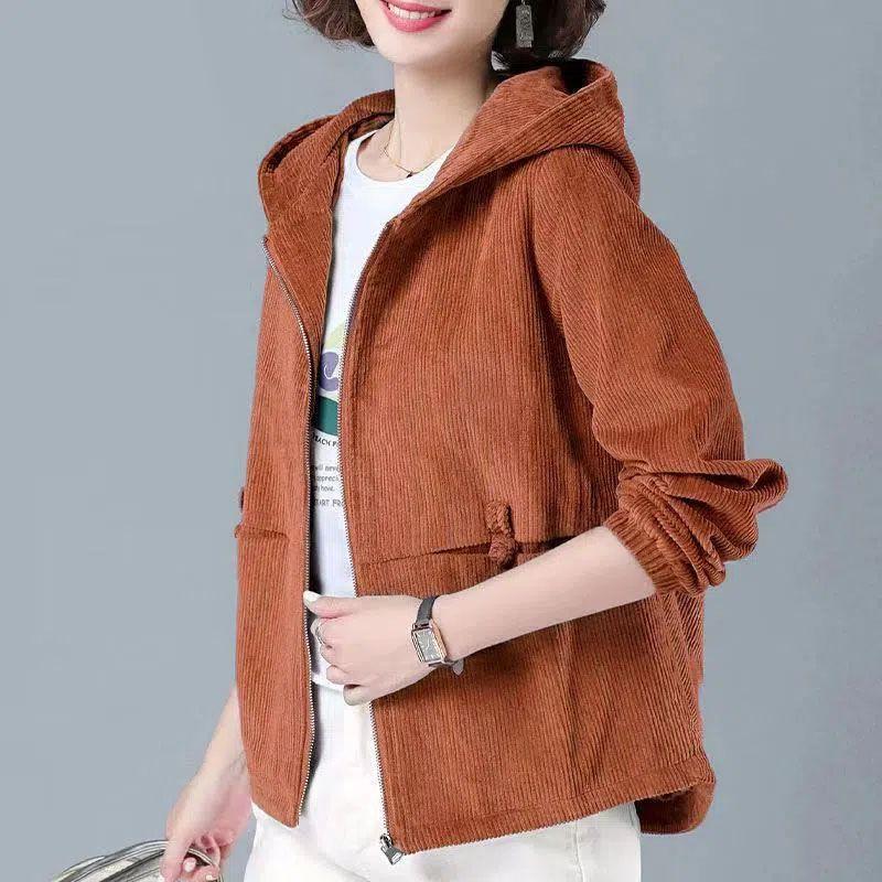 Women's Corduroy Short Jacket Korean Style Loose Versatile Plus Size Slimming Casual Sweatshirt Jacket for Spring and Autumn
