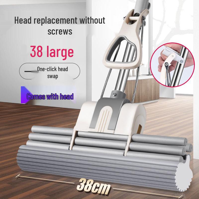 Large Absorbent Sponge Mop with Stainless Steel Handle - No-Hand-Wash Design