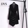 Women Club Dress Short V Neck Long Sleeves Pleated Pure Color Slim Fit Autumn Mini Sheath Irregular Hem OL Commuting Party Prom Evening Events Fall