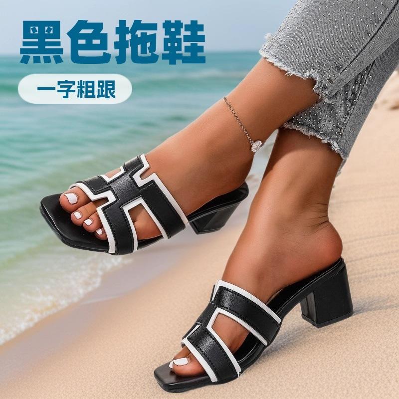 European and American style high-heeled slippers women's 2025 summer new thick-heeled cool slippers fashion beach
