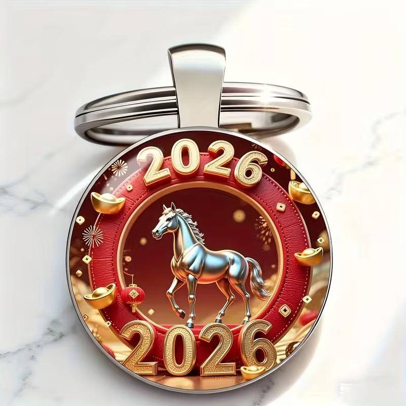 Zodiac Year Of The Horse 2026 Series Pattern Circular Keychain Pendant Backpack Decoration Gifts