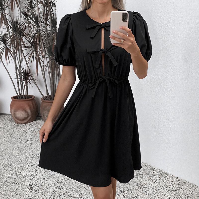 High-End Puff Sleeve Bow Tie Dress - 2026 Summer Collection