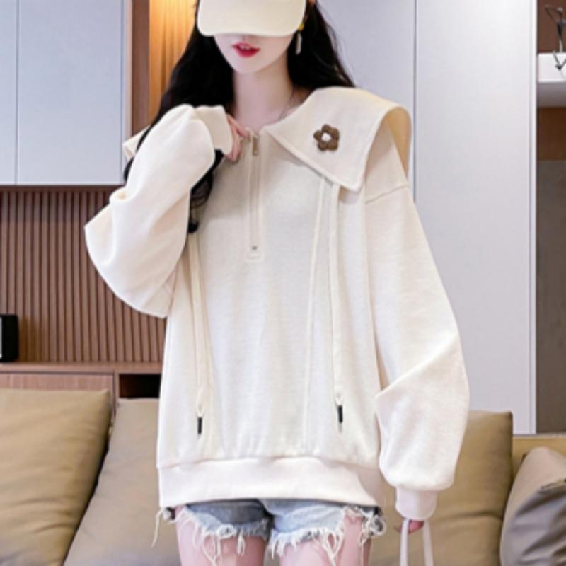 Frühling Neuer Damen Waffel Marine Kragen Dünner Langarmpullover