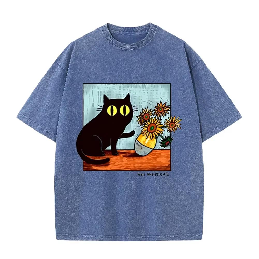 Funny Art Cat Van Gogh s Cat Print Vintage Washed Blue Casual Graphic T Shirt S разноцветный