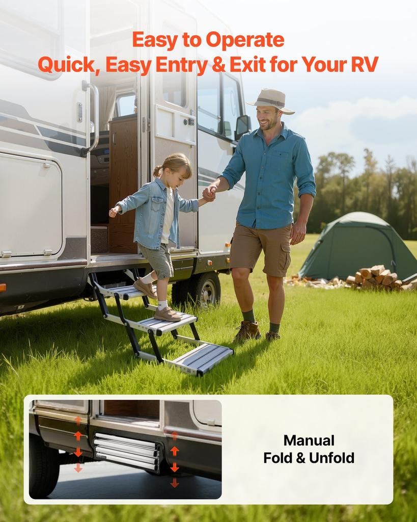 RV Steps, 3-Step, 200 kg Load Capacity, Manual Retractable RV Stairs, Telescopic Folding Aluminum Alloy Camper Steps, Steel Frame Non-Slip Entry