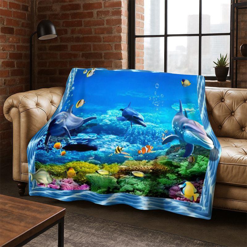 3D Illusion Underwater World Marine Life Shark Dolphin Cartoon Flannel Blanket Throw Blanket for Bedroom Living Room Bed Travel