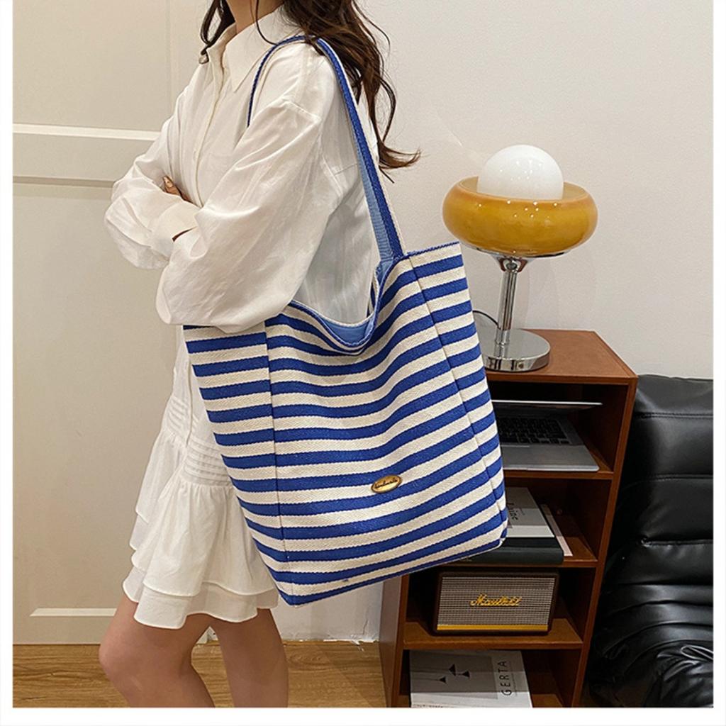 Striped Canvas Double-sided Usable Bag, Tote Bag, Casual Shoulder Bag, Large Capacity Shopping Bag
