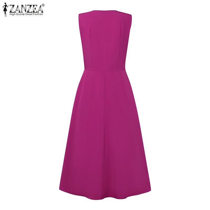 ZANZEA Womens Summer Casual V-Neck Solid Color Sleeveless Dress