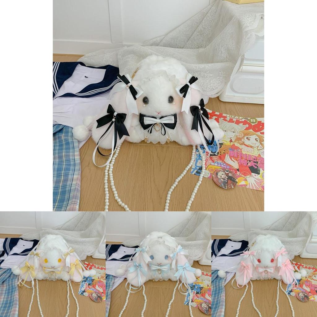 Bow Tie Drawstring Rabbit Plush Backpack With Pearl Chain For Daily Use