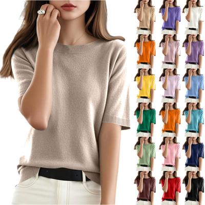 Damski Sweter T-shirt Krótki Rękaw Dzianinowe Top Pulower Okrągły Dekolt Sweter Lekki Codzienny Kolorowy Sweter Eleganckie Wiosenne Letnie Top