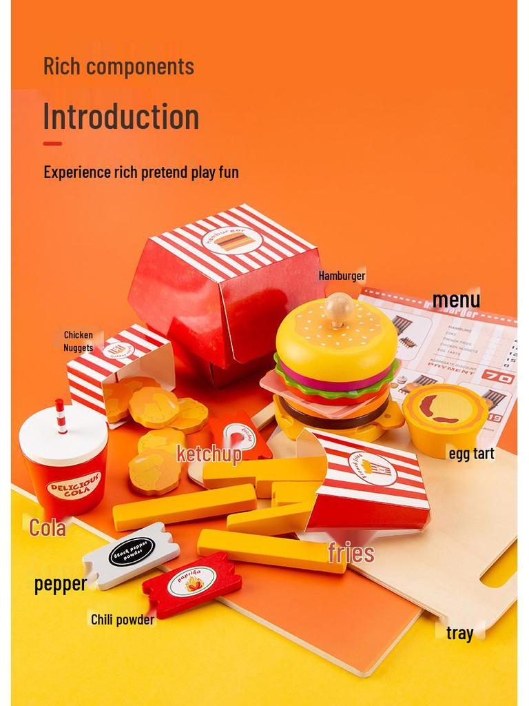 Wooden Kitchen Utensils and Hamburger Play Set - Fun Children's Toy Ornaments