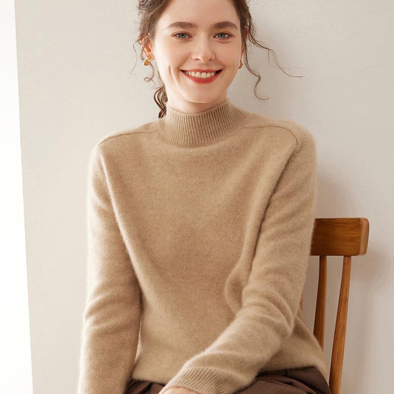 Women's Cashmere Winter Sweater - Half High Neck, Thick Knit, Saddle Shoulder, Loose Fit Pullover.