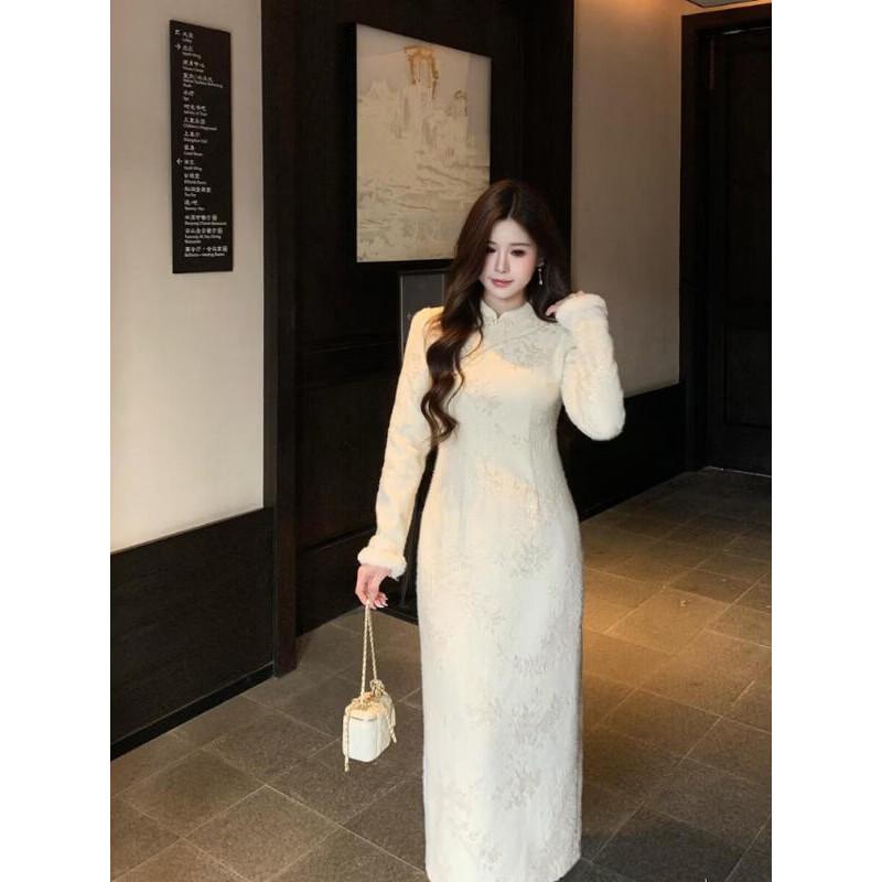 Plus Size New Chinese Style Off-White Jacquard Qipao Dress