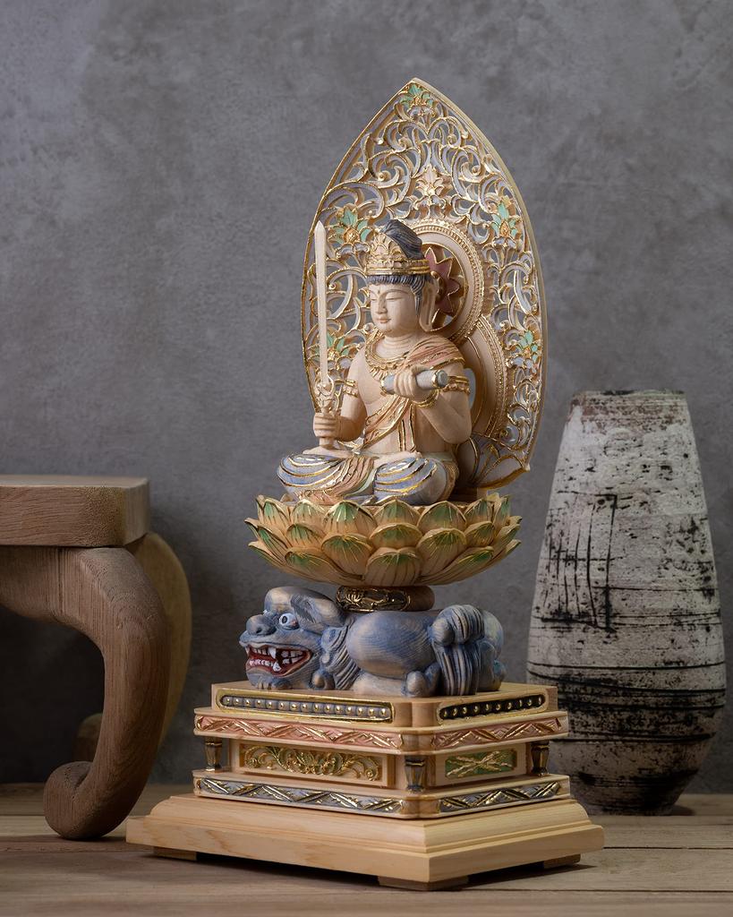 Sitzender Manjusri Bodhisattva Holz Zypressenholz mit leichtem Gold Schutzgottheit der Chinesen für diejenigen, die im Jahr des Hasen geboren sind Bosatsu Statue,